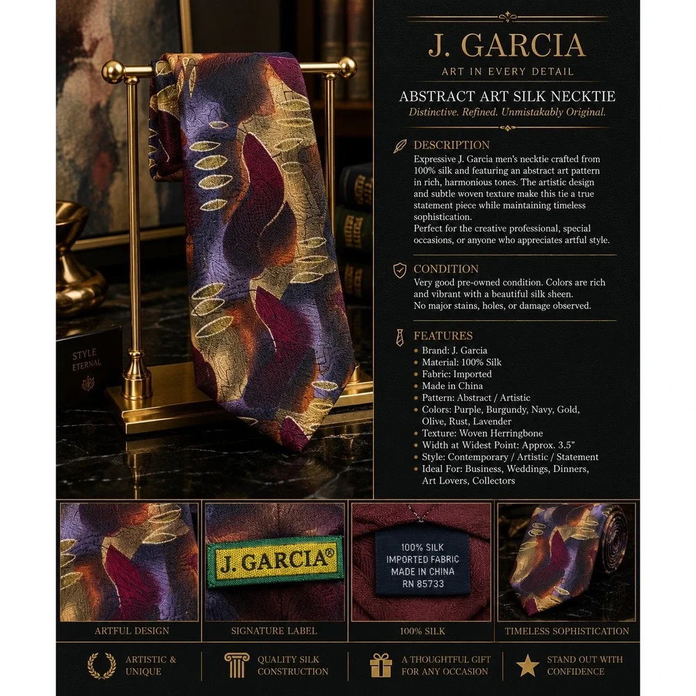 J. Garcia Men's 100% Silk Abstract Art Necktie Multicolor Purple Burgu